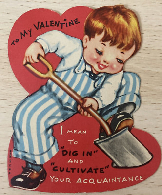 VTG Valentine- Boy in Striped Overalls digging w/ Shovel- DIG IN and CULTIVATE
