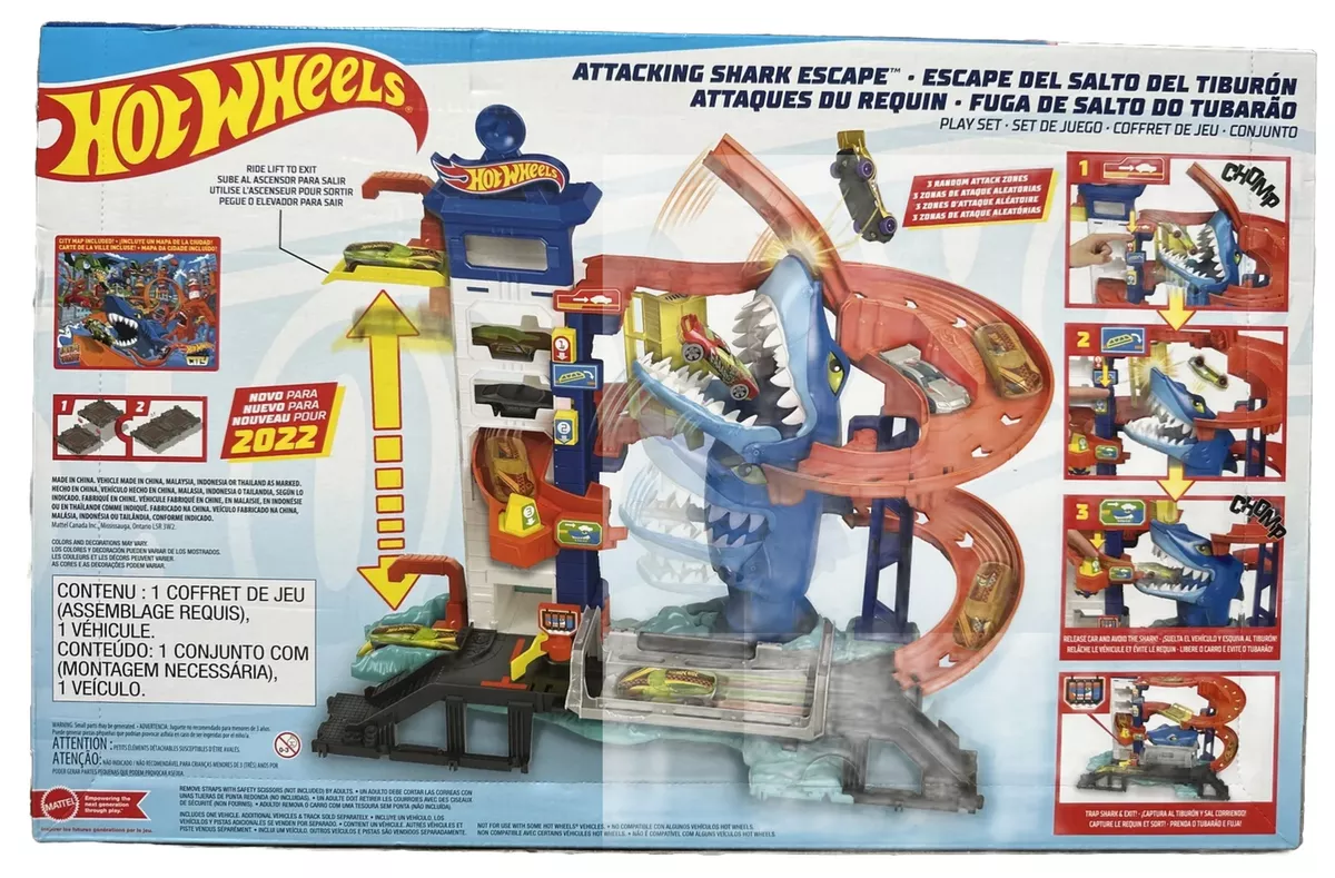 Hot Wheels City Toy Car Track Set Attacking Shark Escape Playset with 1:64  Scale Car, Race to Avoid Chomping Shark