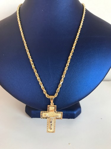 14k Yellow Gold 2.5mm Rope Chain & 2 Tone Cross Crucifix Necklace MAKE OFFER! - Picture 9 of 12