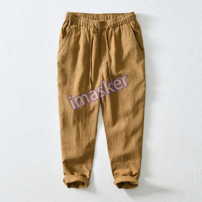 Men's Casual Cotton Linen Cropped Pants with Drawstring Waist