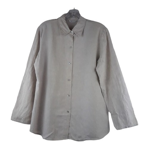 Richard Malcom Irish Linen Button Up Top Women M. Beige Floral Embordered Sleeve