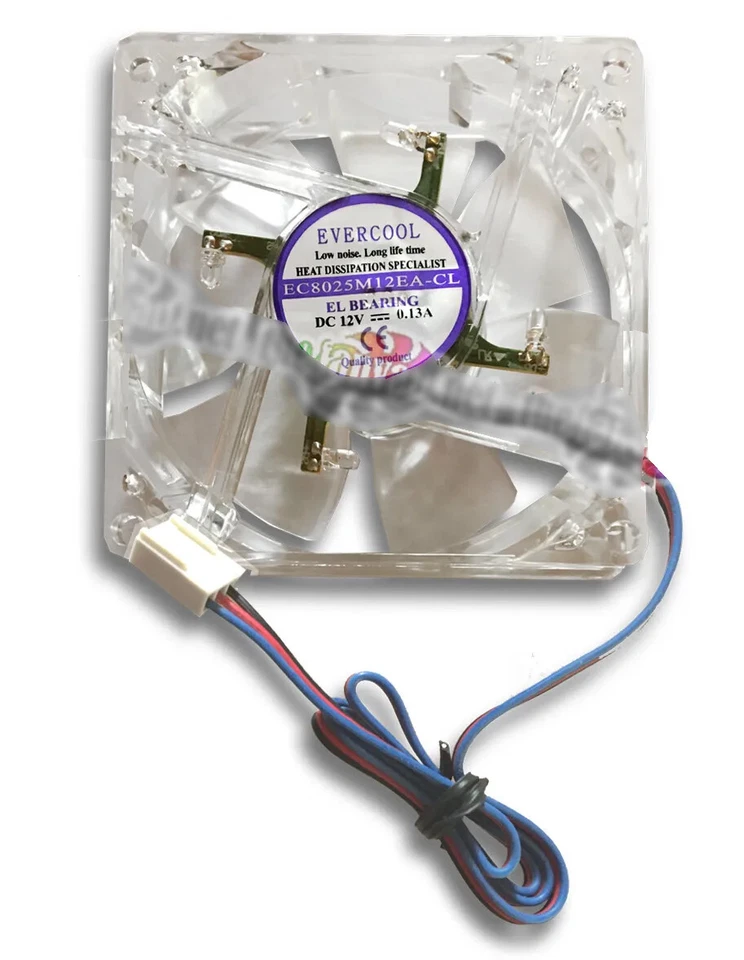 Evercool 80mm x 80mm x 25mm 3 Pin RED LED Fan includes 4 pin adapter and screws! - Image 3 of 4