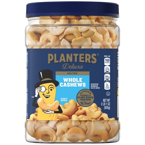 Deluxe Salted Whole Cashews Snacks, Plant-Based Protein,33 oz Plastic Jar