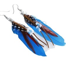 Bohemian Style 3" Feather Earrings With Blue Brown Feathers