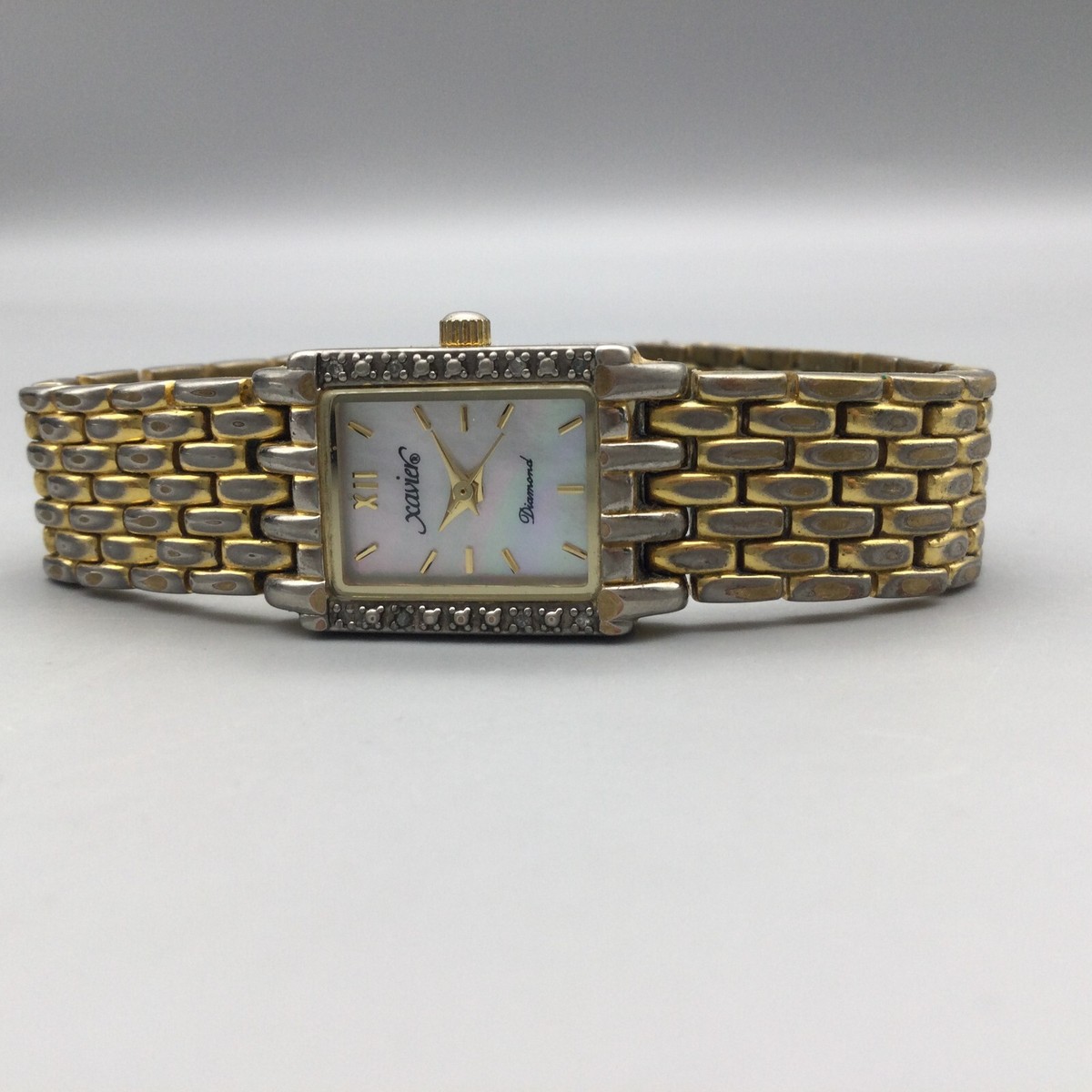 Xavier Diamond Tank Watch Women 17mm Gold Tone MOP Dial New