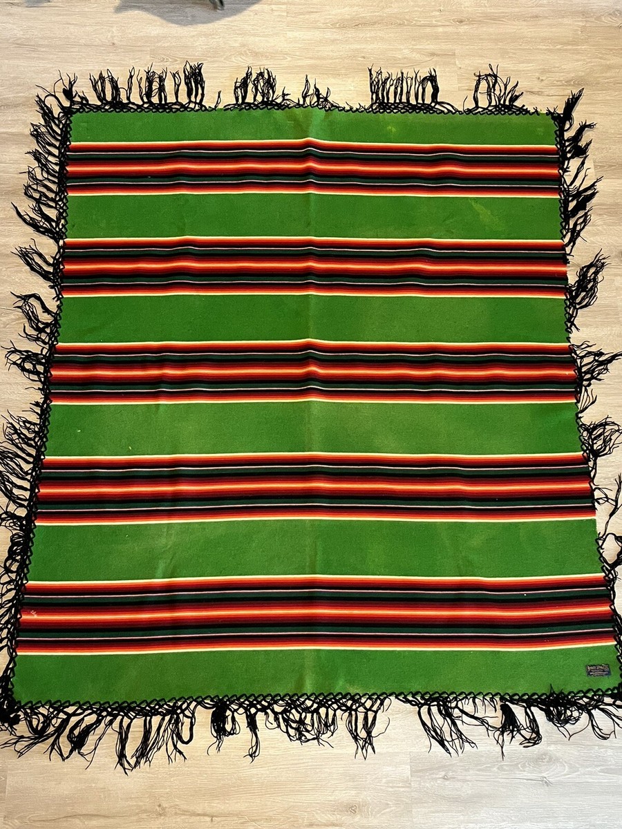 Vintage 40s Striped Pendleton Beaver State Blanket Fringe Green