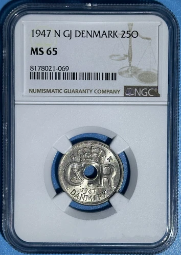 Denmark 1947 25 Ore Choice BU CN Coin Last Year Issue NGC MS 65 Km# 823.2