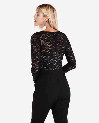 NEW EXPRESS BLACK LACE BODICE LONG SLEEVE JUMPSUIT SZ 0 - Picture 4 of 4
