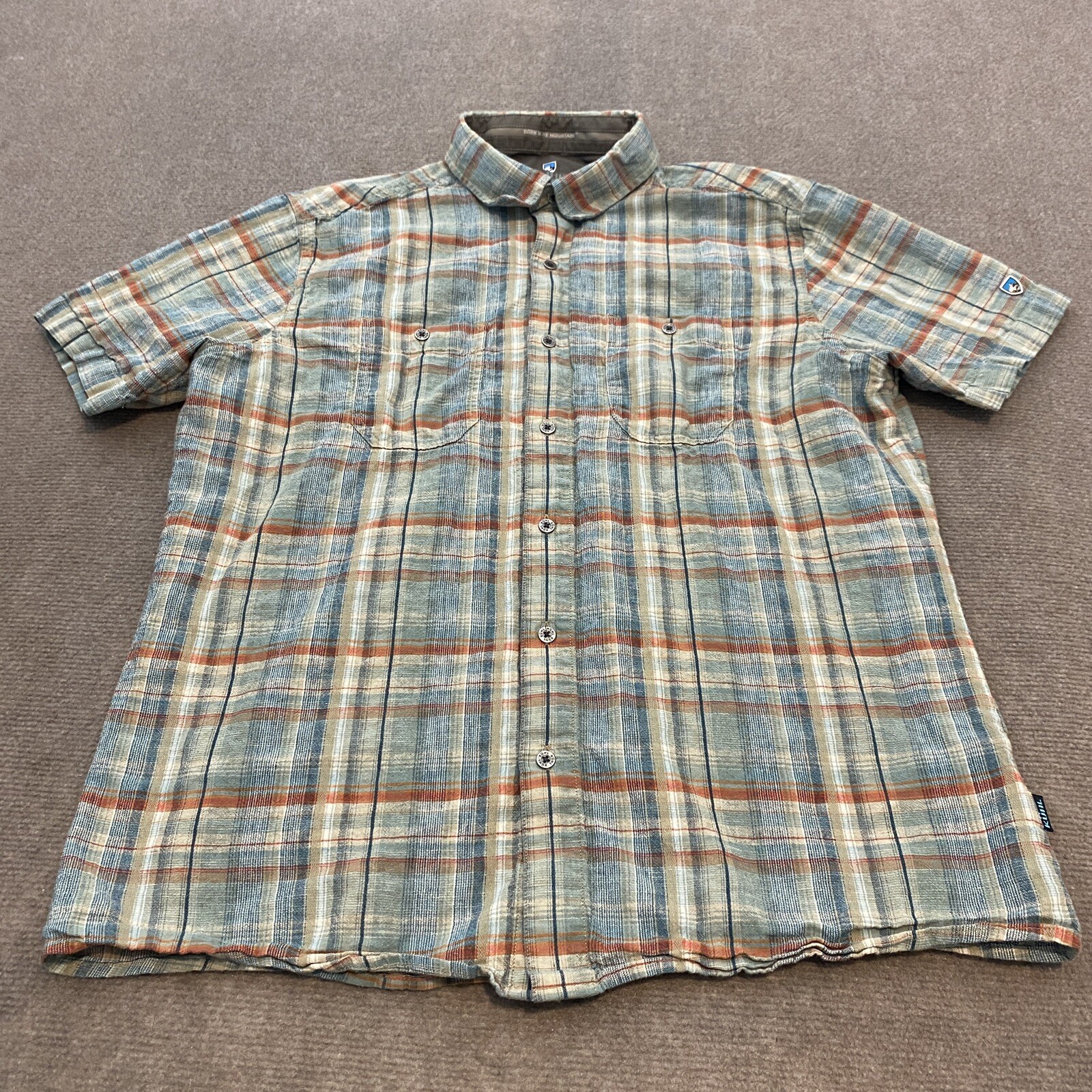 Kuhl Scorpio Men's Large Plaid Shirt Short Sleeve Button Up Linen Blend Outdoor