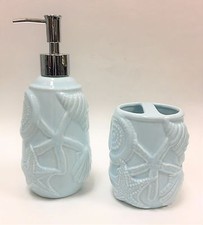 2 PC LIGHT BLUE CERAMIC 3D SEA SHELL,STAR FISH LOTION,SOAP DISPENSER+TOOTHBRUSH