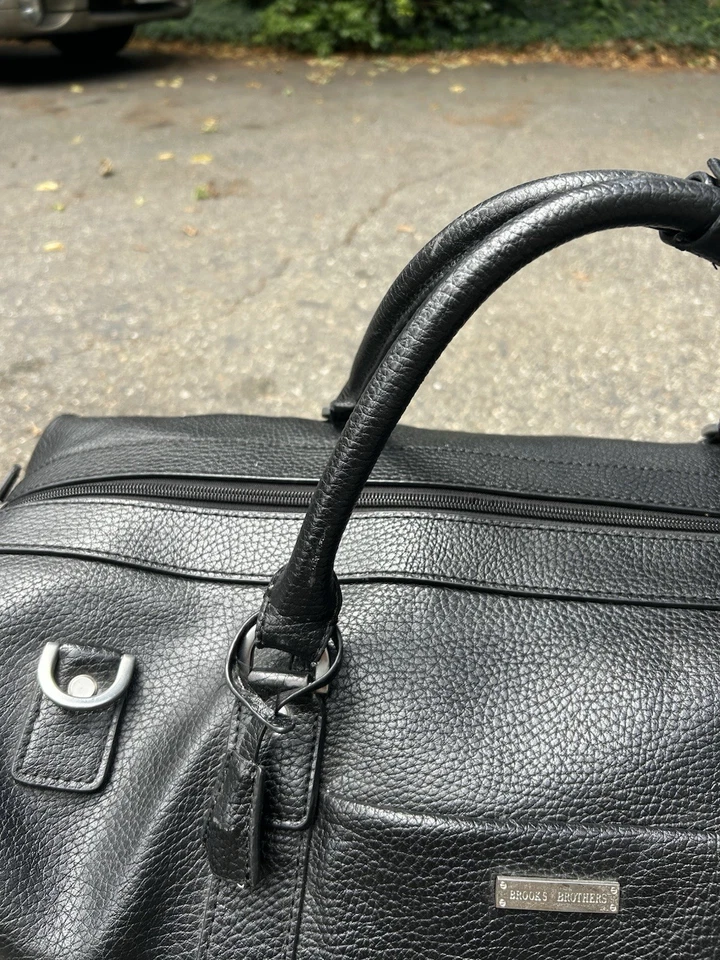 Brooks Brothers Pebble Grain Black Leather Travel Rolling Luggage Duffle Bag - Image 3 of 4