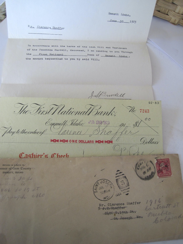 Check For $1.00 Last Will & Testament Emmett Idaho Letter Check Envelope 1923