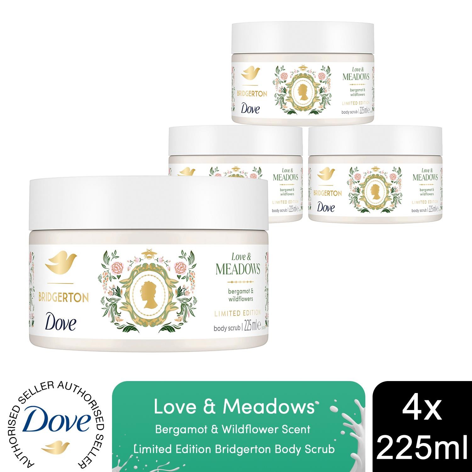 Dove Bridgerton Limited Edition Body Scrub Love & Meadows Exfoliator 225ml, 4pk