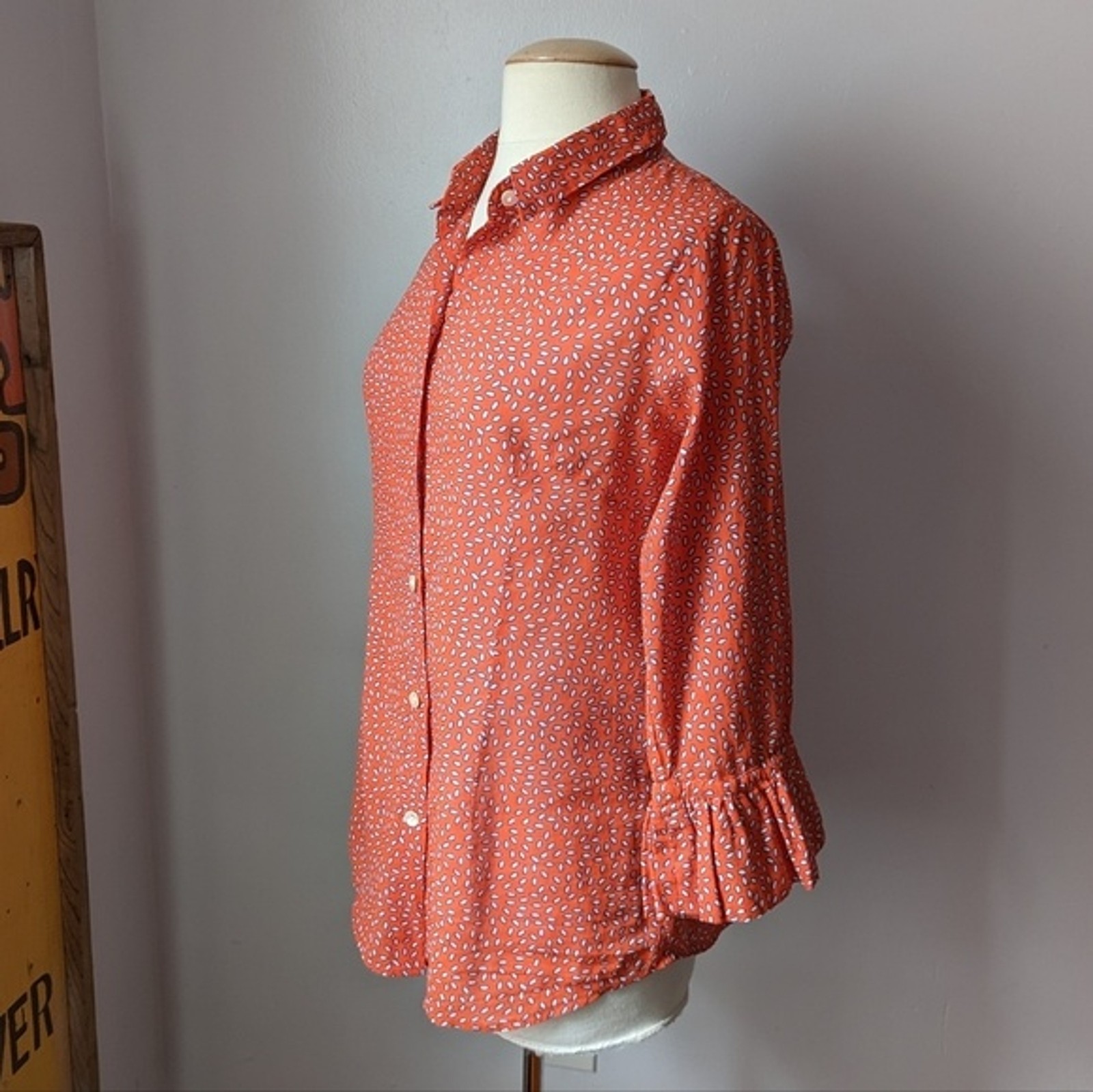 Orange Dot Ruffle Sleeve Button Down By Gretchen … - image 5