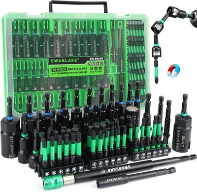 74-Piece Magnetic Nut Driver Set for Impact Drill Metric & SAE, Multi-Use Kit