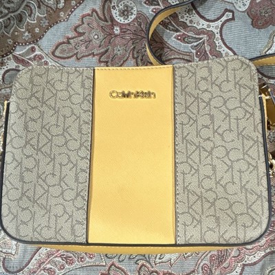 Calvin Klein CK Monogram Beige/Yellow Small Crossbody Zip Bag w/ Chain Strap