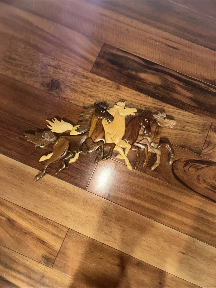 Vintage wooden wall decor horses running carved - Image 2 of 4