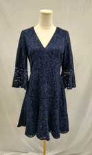 Eliza J Lace Dress Evening Cocktail Glam Navy Blue Lace Bell Sleeve V Neck Sz 6
