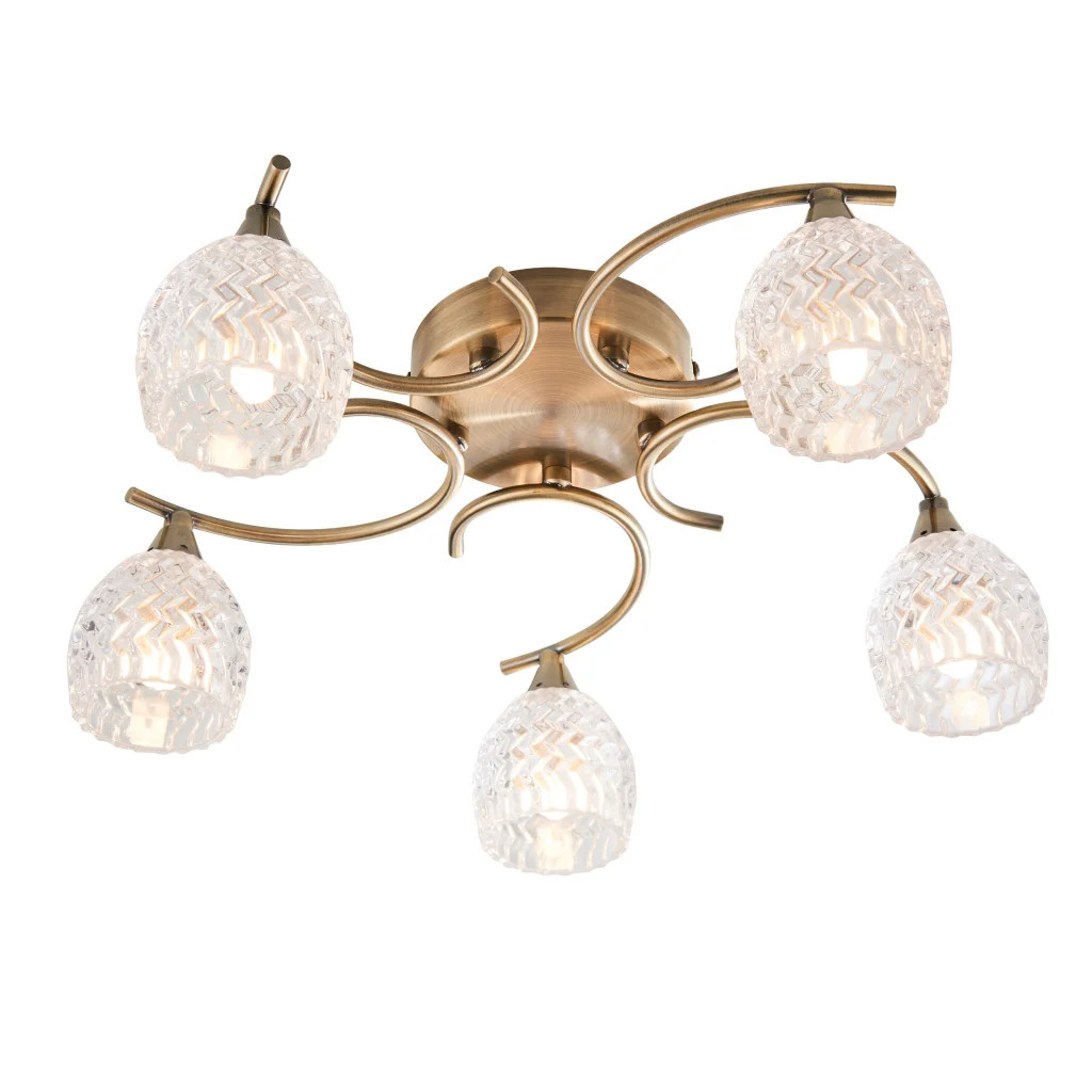 Ceiling Light Brass Boyer 5 Arm In Antique And Glass Endon Boyer-5AB