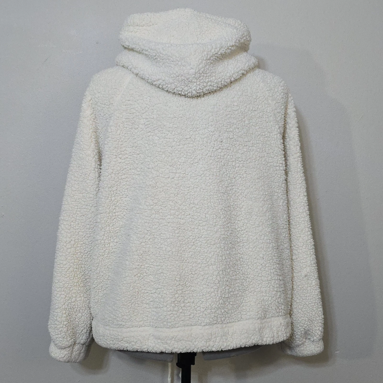 OFF WHITE American Eagle Felpa con Cappuccio Sherpa Teddy Pullover Oversize BoXy Crema Avorio Donna M
