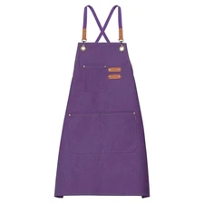 Canvas Chef Aprons Adjustable 75x69cm Cross Back Kitchen Apron 3 Pockets Purple