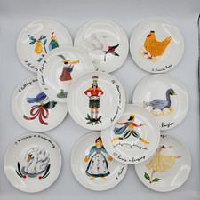 CRATE & BARREL Appetizer Plates Red Metal Stand 12 days of Christmas Porcelain