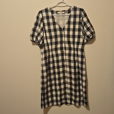 LOFT 10 A-Line Dress Black White Gingham Puff Short Sleeve V-Neck Knee Button