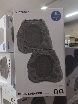 2 pack Victrola Outdoor Wireless Bluetooth Solar Rock Speakers Stone Grey