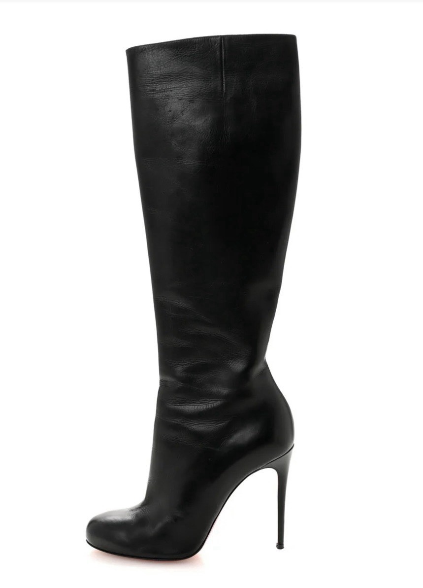 Christian Louboutin Black Calf Leather Knee High Boots Red Sole Stiletto Luxury