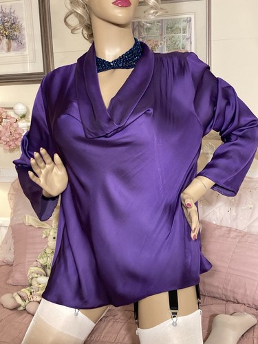 HIGH GLOSS LIQUID SATIN Draped Cowl Silky Sexy Secretary Mistress Tunic Blouse L - Picture 15 of 24
