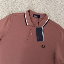 Polo Fred Perry doppia punta uomo piccola burlwood marrone manica a S cotone nuova con etichette
