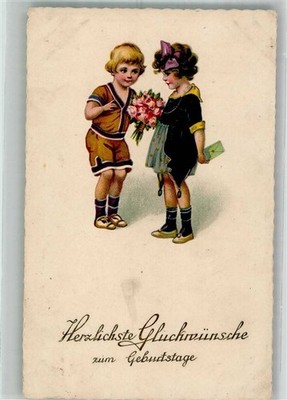 38164844 - Kleiner Junge gratuliert einem Maedchen mit roten Rosen E.A.S. 347