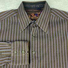 Robert Graham Dress Shirt Mens Large Brown w/Lavender-Blue Stripes Regular Fit
