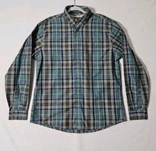 Eddie Bauer Men's L Classic Fit Green Blue Plaid Button Shirt Long Sleeve