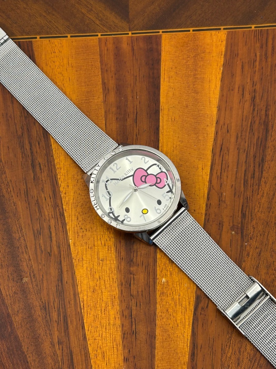 Hello Kitty Watch Women Silver Tone Crystal Bezel Mesh Band 40mm