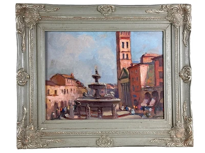 Tableau ancien paysage fontaine Romaine ville animée Rome été Marcel Bertoin - Photo 1/4