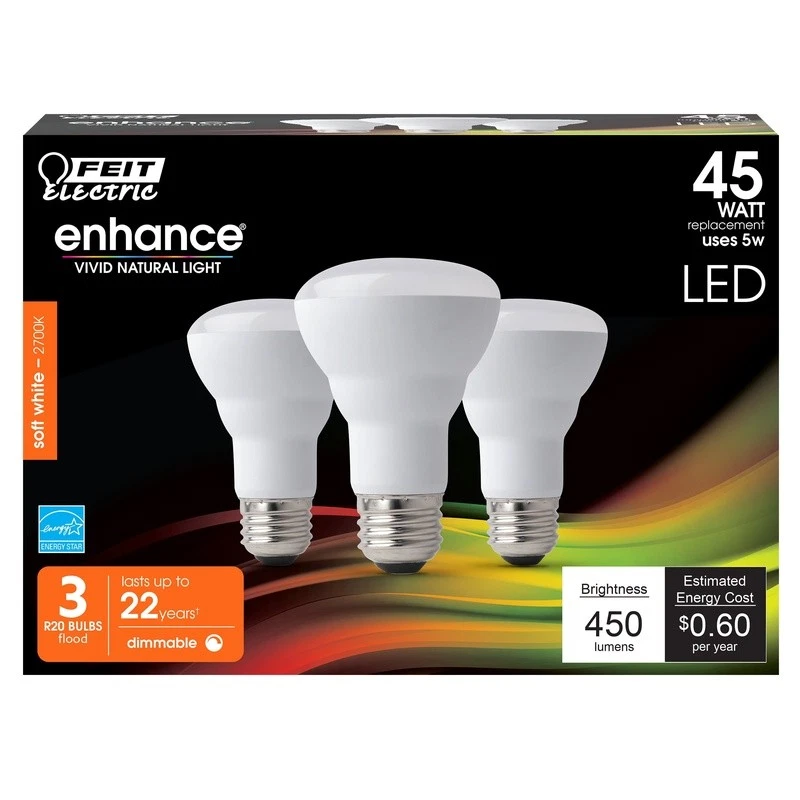 Dimmable R20 LED Light Bulbs 5W 45W Equivalent 3 Pack Soft White Energy Star New - Image 2 of 4