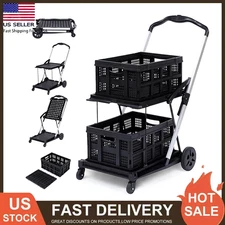 Folding Shopping Cart w/Wheels Collapsible Cart with Storage Crate 2-Layer Black