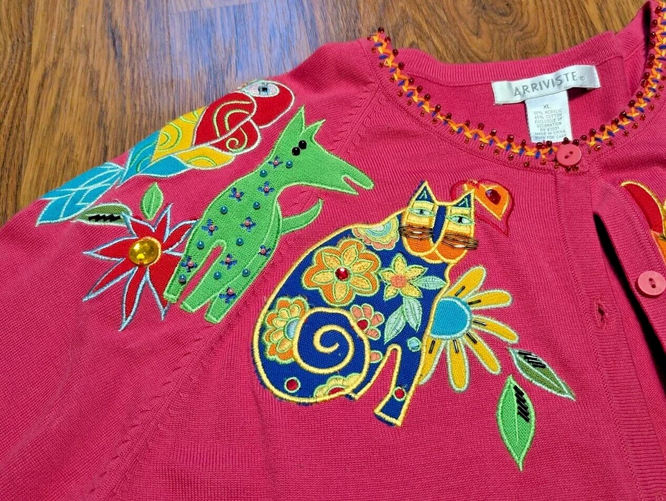 CÁRDIGAN MAGENTA ADORNADO VINTAGE suéter tejido animal gato Laurel Burch? XL 1D Foto 3 de 4