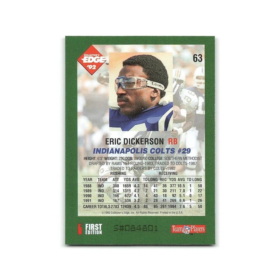 Eric Dickerson 1992 Collector's Edge #63 Indianapolis Colts Football Card NM - Image 2 of 3