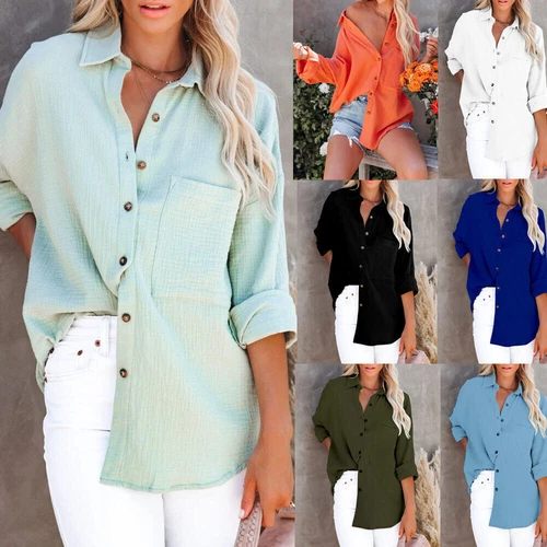 Women's Long Sleeve Collared Button Down Work Shirts Ladies Tops Casual Blouse