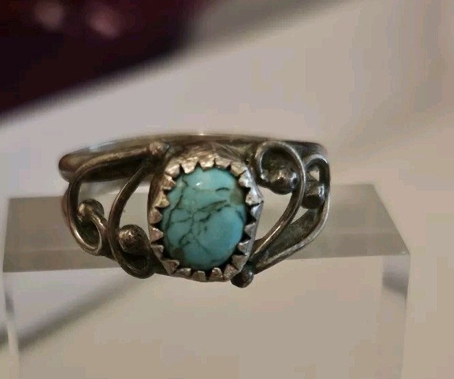 Sterling And Turquoise Ring, Scrollwork Design, S… - image 1