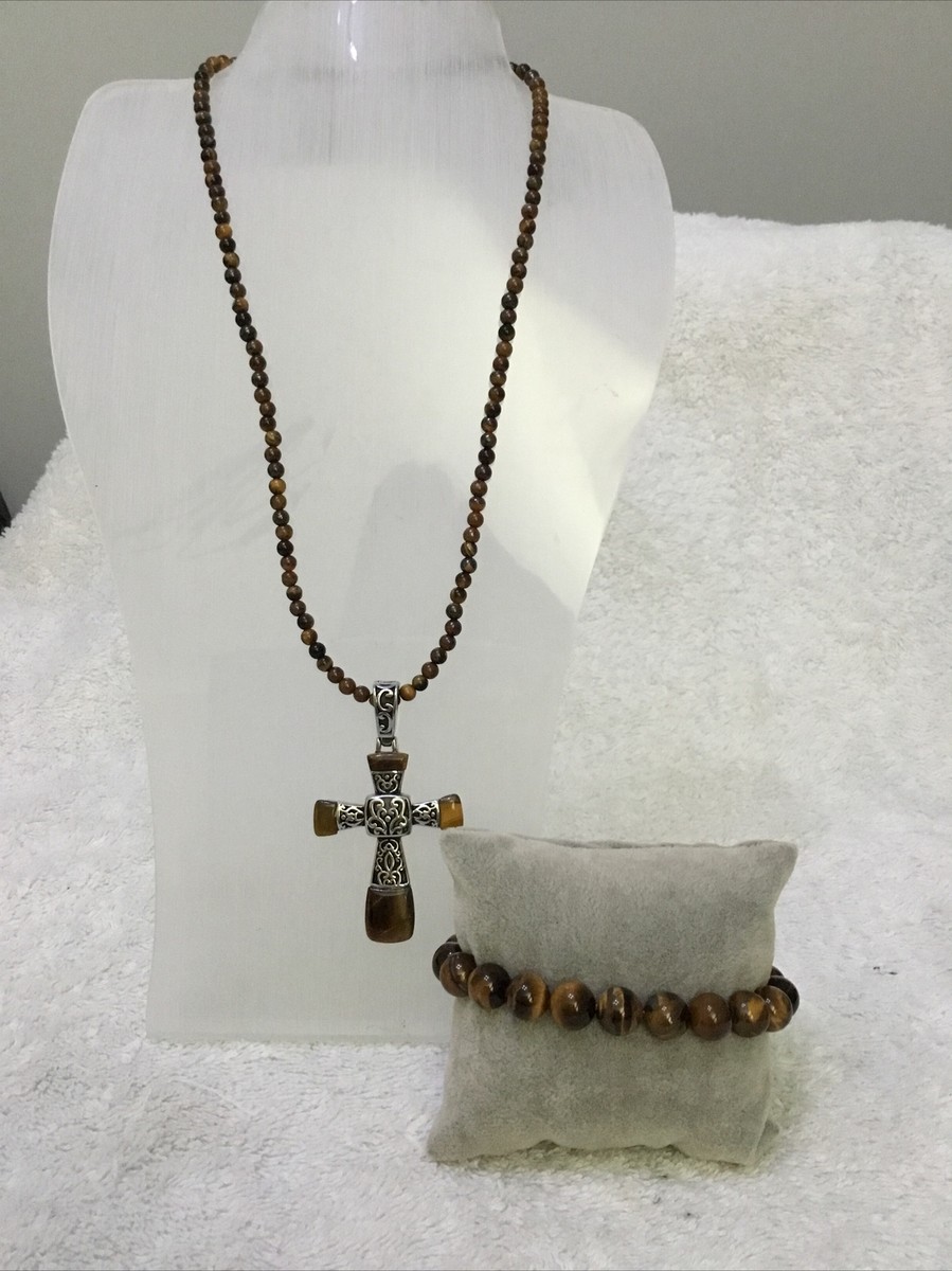 TJC S/Steel Tigers Eye Cross Necklace 20”/23” Stretchy Bracelet