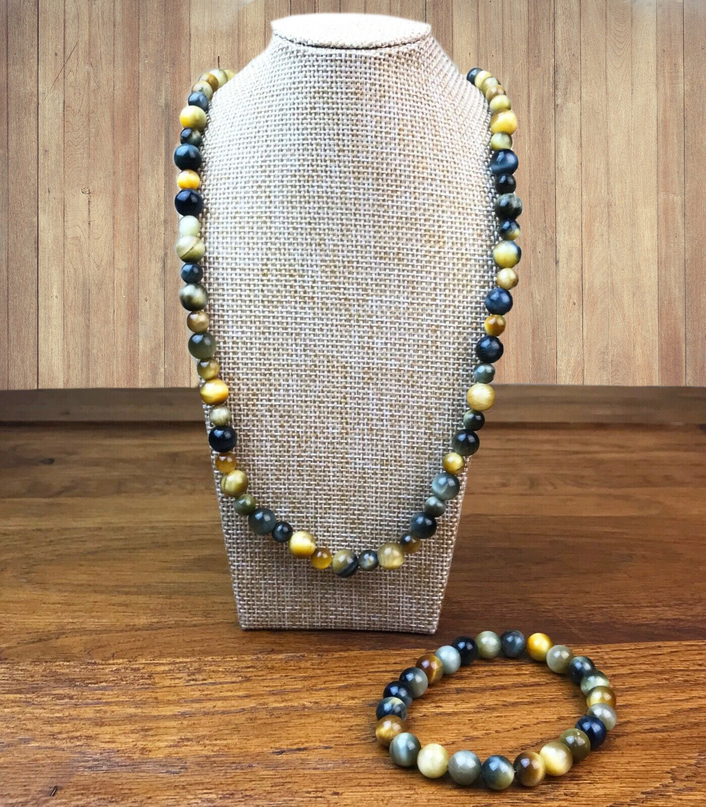 Parure collier et bracelet œil de tigre vert d'exception