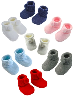 Baby Boy Girl Booties Pom Pom Knitted Navy White Blue Pink Cream Grey Red Unisex