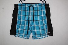 OP Men's Black Teal Blue Plaid Board Surf Swim Shorts Size XXL