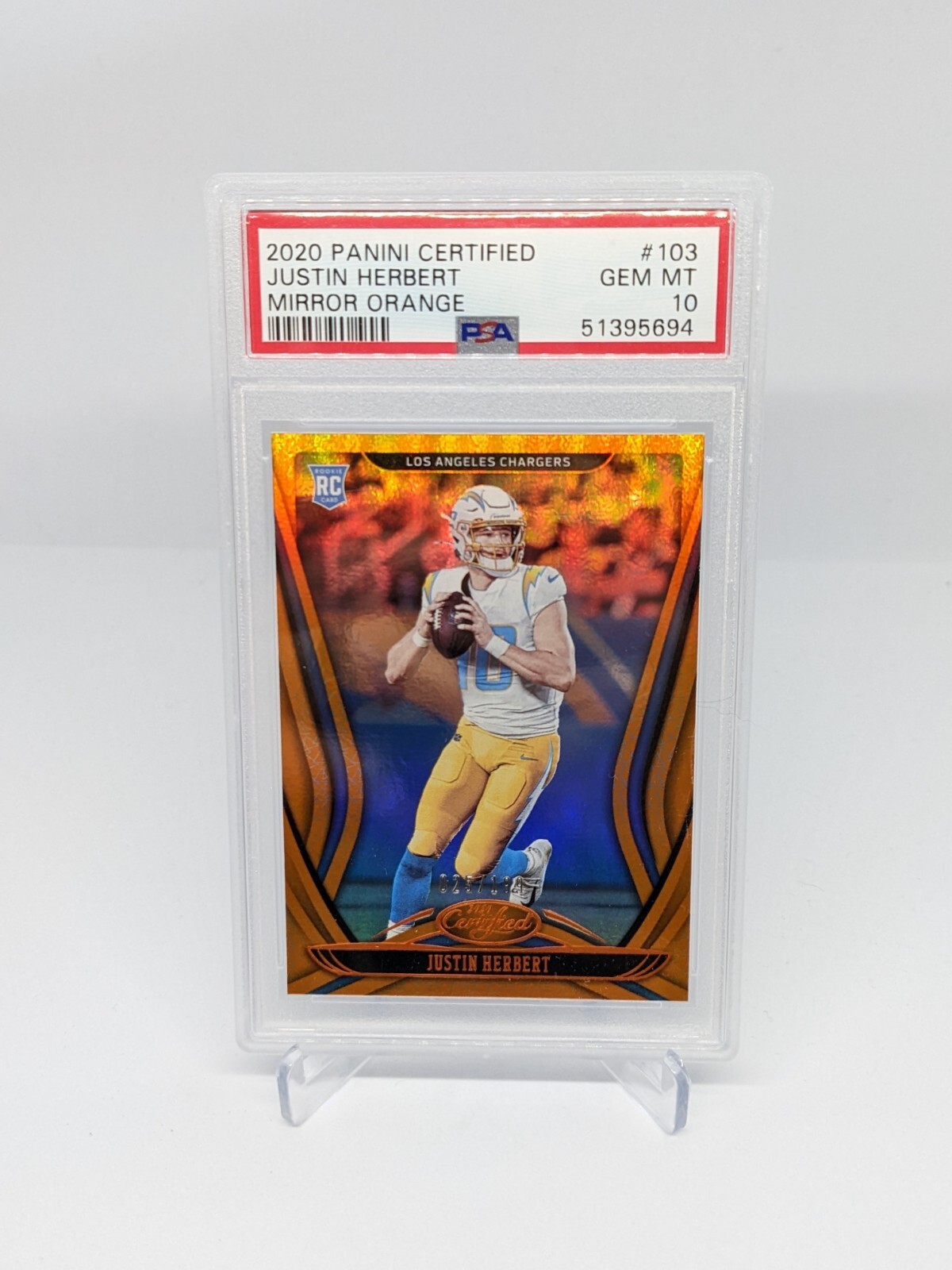 JUSTIN HERBERT 2020 PANINI CERTIFIED 103 RC MIRROR ORANGE PRIZM 25/199 PSA 10!!
