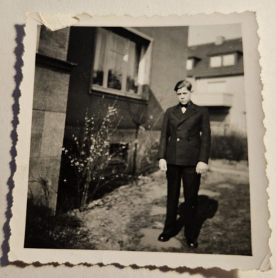 Young Man in Suit in Front of Apartment Garden House (6x6) Original Photo