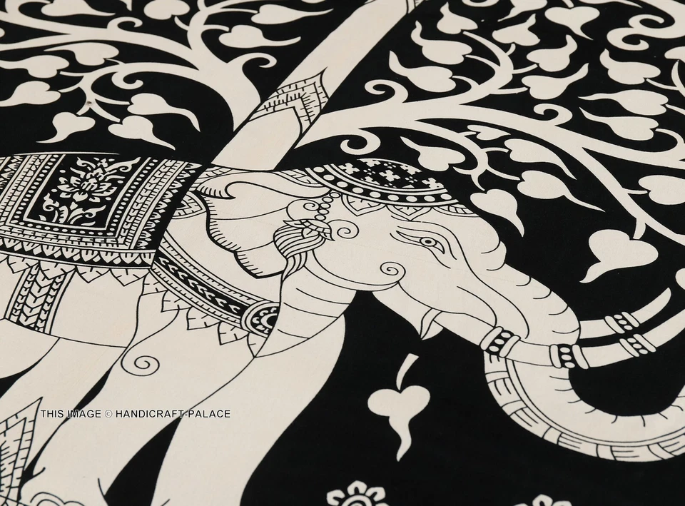 Sábana bajera doble de algodón con estampado de árbol de la vida de elefante negro con funda de almohada de 2 piezas Foto 4 de 4