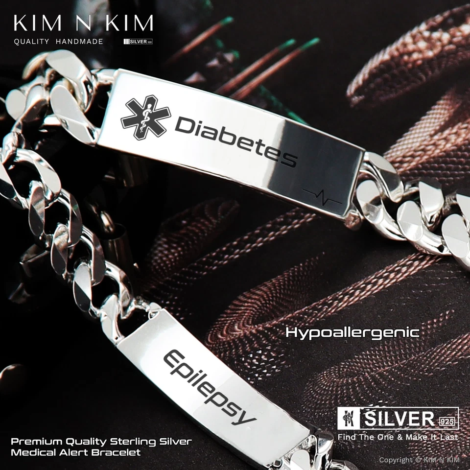 Quality Sterling Silver MedicaI Alert Bracelet, Diabetic, Personalised Gift - Image 2 of 4